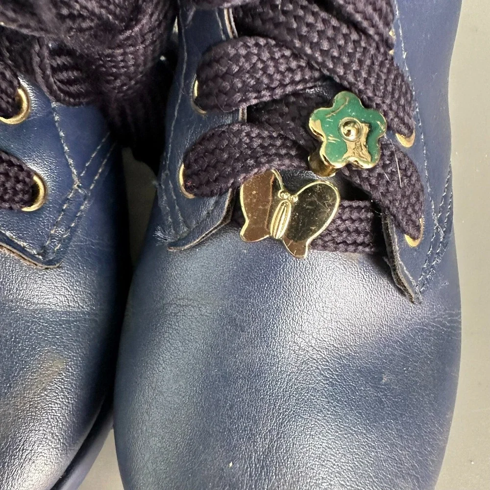 Pablosky Girls Metallic Navy‎ Blue Sequin Lace Up Ankle Boots Butterfly Charms